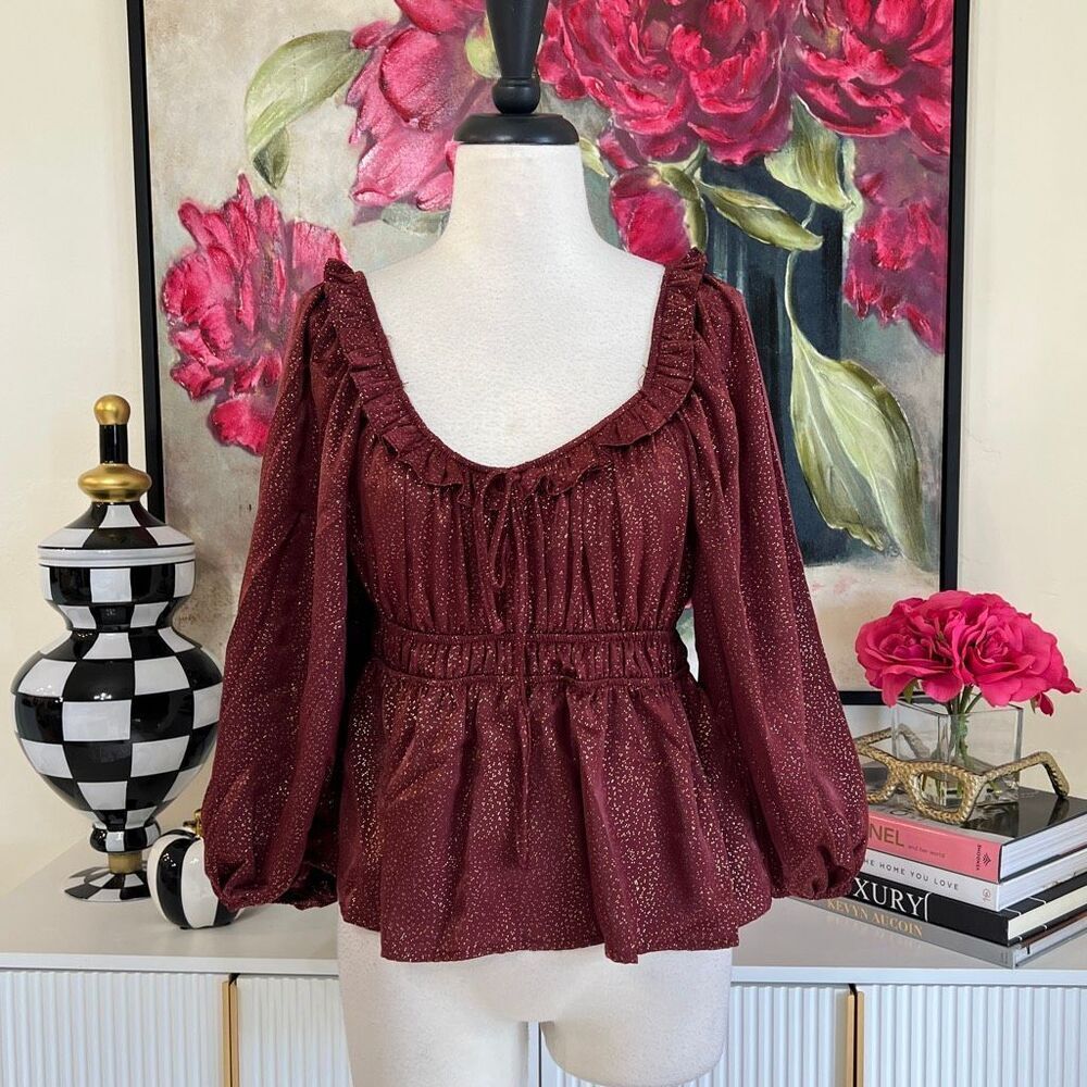 Blu Pepper Ruffled Tie Neck Balloon Sleeve Metallic Blouse Maroon Medium NWT